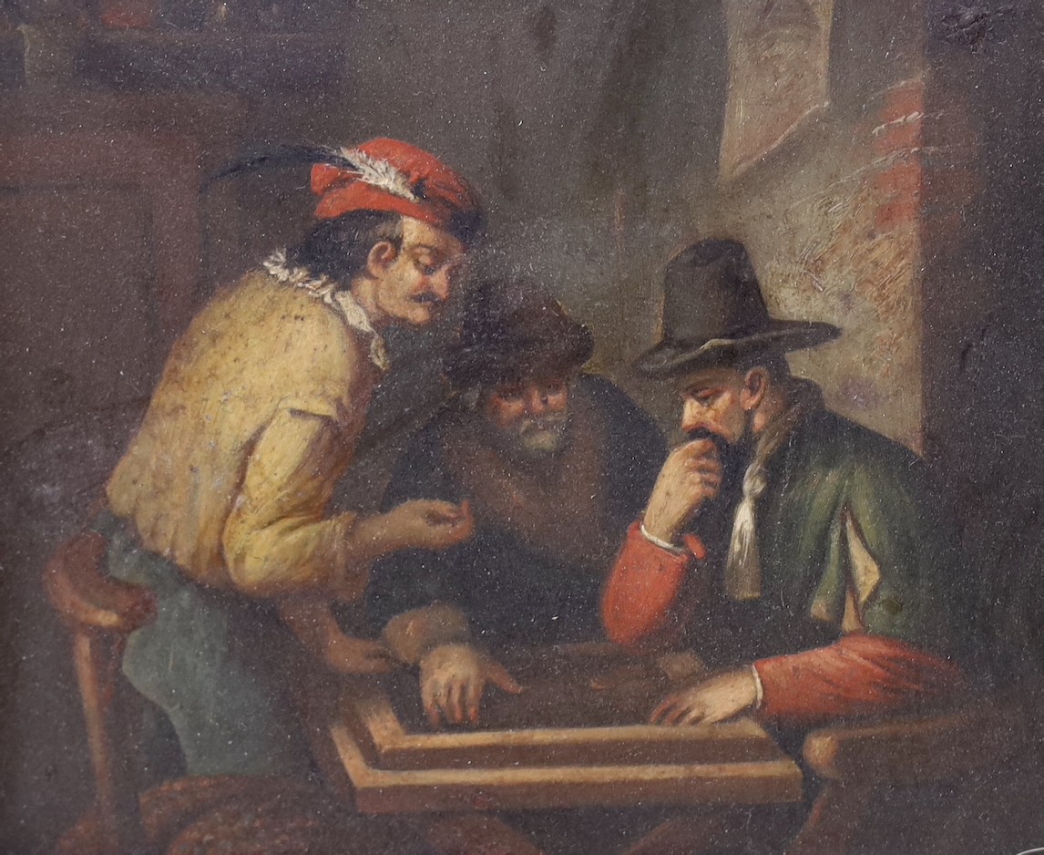 After Teniers, oil on board, Figures playing a game in a tavern, 16 x 19.5cm